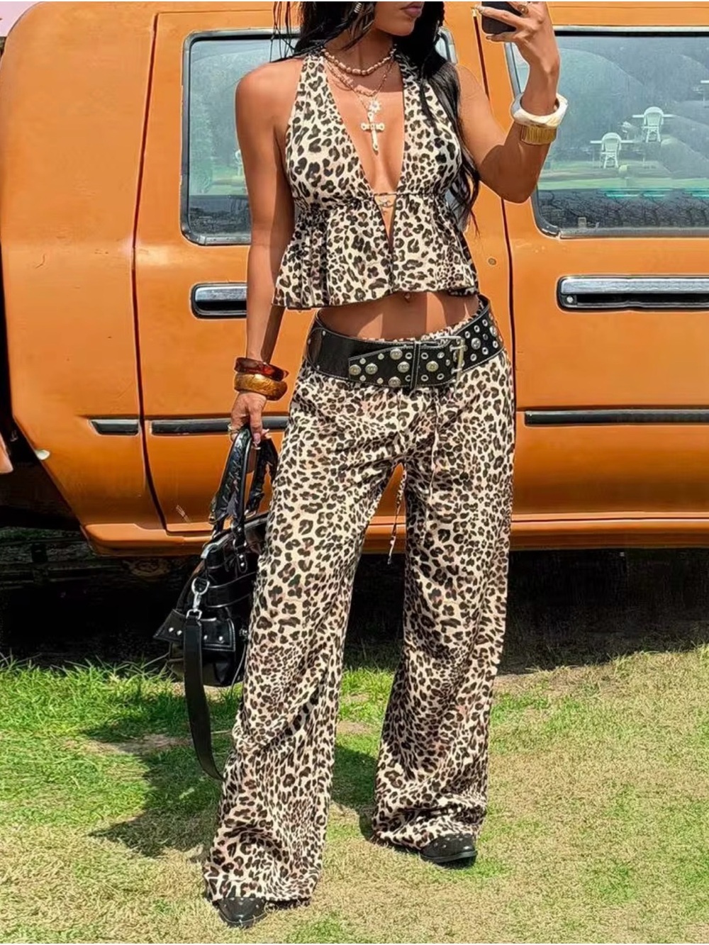 SHEIN Leopard Print Wide-Leg Pants & Halter Top Set